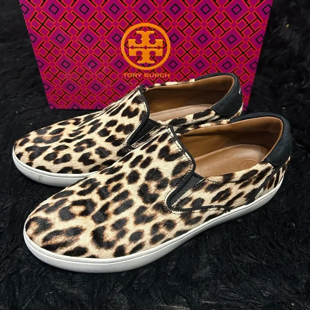 TORY BURCH TB animal print fur leather slip on shoes women’s 8